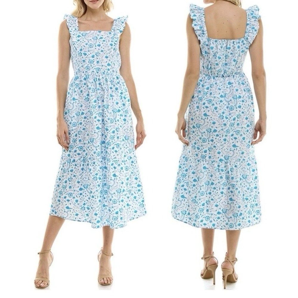 Draper James Maxi Dress White Blue Floral Flutter‎ Smocked Coastal Cottage Sz XL